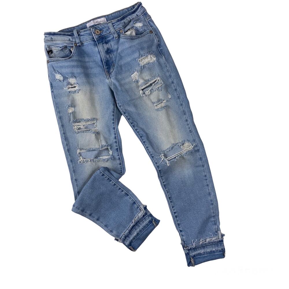 Kancan Frayed Hem Jeans Cuffed Distressed Skinny Denim Mid Rise Womens Sz 5/26